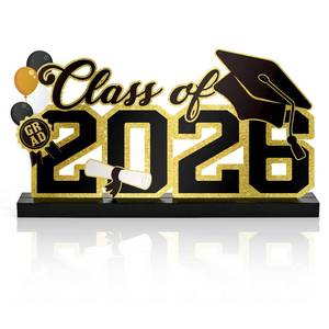 lot 740 image: Metal Class of 2026 Sign Graduation Tabletop Decor Congrats Grad Party Decor Freestanding Tabletop Centerpiece with Wooden Base Cutout Word Sign for Home Indoor Centerpiece - Retail $10