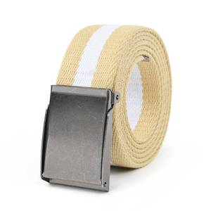 lot 742 image: Mile High Life Canvas Web Belt  Cut to Fit Up to 52  Flip-Top Matte Silver Nickel Buckle (Khaki White) - Retail $8