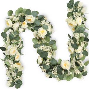 lot 748 image: MAKHOT 2PCS Eucalyptus Garland, 6.6Ft Artificial Greenery Garlands Flower Decor, Green Spring Garland Wreath Vines Decorations for Table Home Wedding Mantle Party (Champagne) - Retail $26