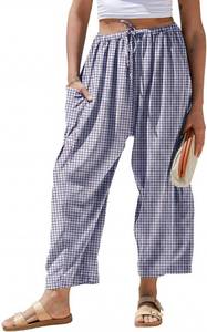 lot 751 image: TARSE Womens Linen Wide Leg Striped Pants Casual Barrel Loose Drawstring Low Waist Palazzo Harem Pants with Pockets(PurpleWhitePlaid,M) - Retail $27