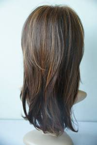 lot 766 image: wigbuy Long Layered Shoulder Length Brown with Camel color Highlight wig Synthetic Hair Fiber Highlight Multicolor Wigs for White Women - Retail $23