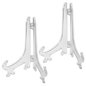 lot 767 image: Qulkws 2 pcs 6 Clear Acrylic Display StandPlate Stands, Folding Display Plate Holder, Clear Acrylic Easel Stands for Home Office Tables Decoration - Retail $6