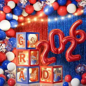 lot 790 image: Ecomore 2026 Graduation Decorations - 86 PCS Graduation Party Decor Supplies Set Includes LED Light Strings Balloon Block Boxes with Letters Foil Curtains Backdrop 2026 Balloon Garland Kit - Red Blue - Retail $30