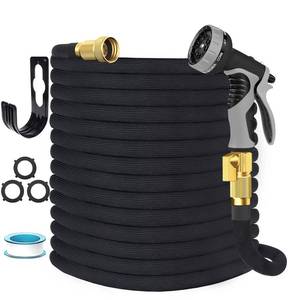 lot 1123 image: Garden Hose Non-Expandable 75 ft, Lightweight Flexible Water Hose with 10 Function Spray Nozzle, Outdoor Leak Proof, Kink-Free, Portable Hose for Yard, Lawn, Camper, High-Density Fabric, Black Grey - Retail $62