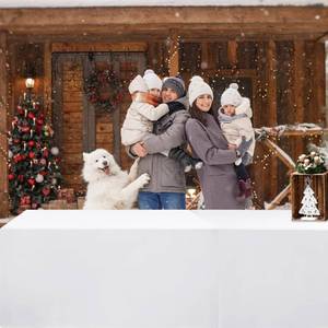 lot 1129 image: Nasitos 4 Pack White Tablecloth Fitted for 6 Foot Rectangle Tables-Open Back Table Cover Washable and Wrinkle Resistant Table Cloth for Parties, Wedding, Banquet, Jewelry Shows, Craft Fair, Trade Show - Retail $40