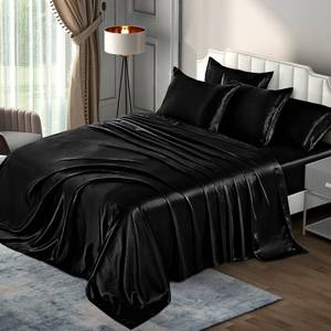 lot 1148 image: P Pothuiny 6 Pieces Queen Satin Sheets Luxury Silky Black Satin Bedding Sheet Set, 1 Deep Pocket Fitted Sheet  1 Flat Sheet  4 Pillow Cases - Retail $23