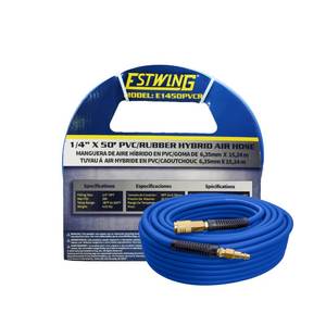 lot 1156 image: Estwing E1450PVCR 14 x 50 PVC  Rubber Hybrid Air Hose with Brass 14 NPT Industrial Fitting and Universal Quick Connect Coupler - Retail $31
