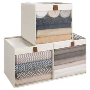 lot 1168 image: StorageWorks 13x13 Storage Cubes, Closet Storage Bins with Clear Window, Large Fabric Organizer for Clothes, Collapsible Storage Baskets with PU Handles, Beige, 3-Pack - Retail $33