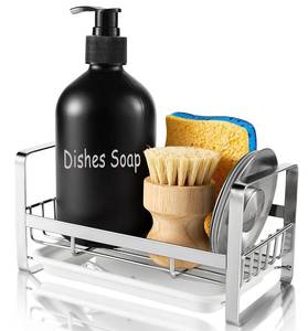 lot 1181 image: TEZZ Sponge Holder for Kitchen Sink, Stainless Steel Kitchen Storage Sink Caddy for Organizing Sponge, Brush & Dish Soap Dispenser, Sink Organizer Rack with Adhesive or Counter top, Silver - Retail $13
