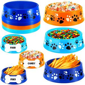 lot 1193 image: CroBlissful 12 Set Dog Paw Plastic Bowls Blue Dog Birthday Party Supplies Colorful Food Trays with Bone Cards Food Plates Paw Centerpieces for Pet Puppy Party Decorations (Blue and Orange) - Retail $24
