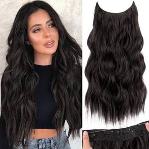 lot 7108 image: KooKaStyle Invisible Wire Hair Extensions with Transparent Wire Adjustable Size 4 Secure Clips Long Wavy Secret Synthetic Hairpiece 20 Inch 120g Rich Dark Brown with Warm Tones for Women - Retail $19