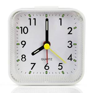 lot 7118 image: Lamisola Small White Kids Desk Battery Alarm Clock, Analog Travel Clock, Quieter Bedside Clocks for Bedrooms Bathroom Living Room Kitchen Shelf - Retail $10
