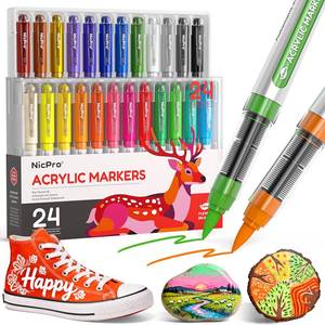 lot 7184 image: Nicpro 24 Colors Acrylic Paint Markers Brush Tip, Water-Based No-Bleed Paint Markers with Automatic Ink Control, Waterproof Acrylic Paint Pens for DIY Art & Crafts - Eggs, Rock, Wood, Glass, Fabric - Retail $16