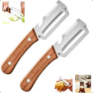 lot 7199 image: 2-Pack Multifunctional Vegetable Peeler, 3 in 1 Kitchen Peeler with Wooden Handle, Grater & Bottle Opener for Potato, Carrot, Apple, Fruit & Vegetable - Retail $10