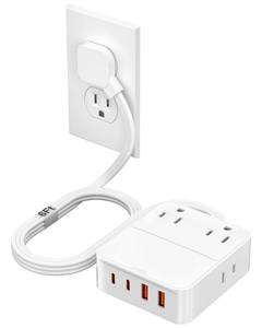 lot 7209 image: VPSUN Flat Plug Power Strip with USB Ports - 4 AC & 4 USB Ports (20W), 6Ft Extension Cord with Multiple Outlets, Fast USB Charging Station for Travel Office Dorm Room (White) - Retail $11