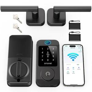lot 15021 image: Keyless Door Lock with Handle Set - SMONET Built in WiFi Fingerprint Smart Locks for Front Door, App Remote Control, Digital Bluetooth Keypad Deadbolt Set with Alexa, Auto Lock,Fobs for Home Black - Retail $110