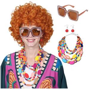 lot 15026 image: FantaLook Curly Orange Red Cosplay Wig with Necklace Earrings and Sunglasses for Women Halloween Costume - Retail $24