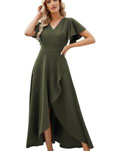 lot 15041 image: Formal Dresses for Women,Gowns Evening Party Cocktail Dress,Long Split Elegant V Neck Wrap Ruffle Wedding Guest A-line Dresses Army Green-M - Retail $58