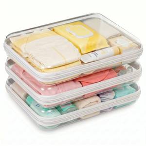 lot 15049 image: 3 Pack Large Clear Hard Shell Zipper Case, Diaper Bag Organizer Pouches, Water-Resistant Travel Toiletry Bags for Baby Essentials, Toys, Cables, Crafts, Makeup, White - Retail $20