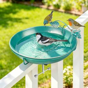 lot 15063 image: Mellbree Bird Bath Deck Mounted 12, Balcony Fence Railing Clamp Birdbath with Perch & Feeder Bowl Metal Lake Blue with Gold Gilding, Detachable Multi-Functional Balcony Railing Bird Bath - Retail $21