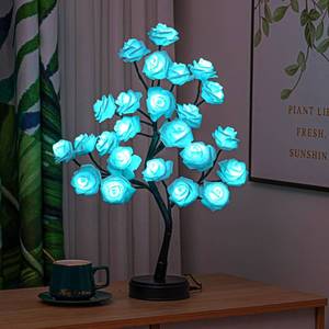 lot 15070 image: Bonlting Rose Flower Tree Lamp, LED Rose Bedside Table Lamp Battery Powered or USB Adapter, Nightstand Lamp for Living Room, Bedroom, Office Gift for Mothers Day Anniversary Birthday (Blue) - Retail $21