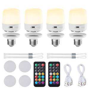 lot 15074 image: Minetom E26 Rechargeable Light Bulbs with Remote and Timer, Battery Backup Bulb with 12 Colors and Brightness Dimmable, 2300mAh 40W Equivalent LED Light Bulbs for Lamps Sconces Camping, 4 Pack - Retail $50