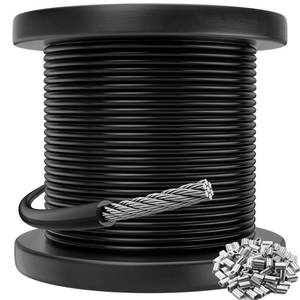 lot 15076 image: CELYND Black Vinyl Coated Cable - 304 Stainless Steel Wire Rope 116 Inch Overmolded to 332 Inch for Outdoor Hanging DIY Projects String Lights Trellis Clothesline 100ft - Retail $20