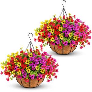 lot 60599 image: Geegoods 2 Pack Artificial Hanging Flowers for Outdoors, 24 Pcs UV Resistant Faux Mums Flowers with 2 Hanging Baskets, Fake Hanging Plants for Front Porch, Patio, Balcony, Yard and Garden Decor - Retail $50