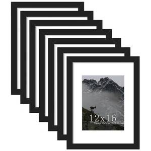 lot 60616 image: Picrit 12x16 Picture Frame Set of 7, Display 8.5x11 with Mat or 12x16 without Mat, Photo Frames for Wall Mounting Display, Black - Retail $34