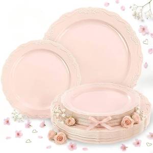 lot 1200 image: Tinybee 60PCS Pink Plastic Plates - Heavy Duty Pink Disposable Plates, Elegant Plastic Plates for Mothers Day, Bridal Shower and Party Including 30 Dinner Plates 10  & 30 Dessert Plates 7.5  - Retail $32