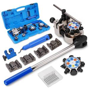 lot 1201 image: JURPLIX Brake Line Flaring Tool Kit, 45 and 37 Degree, Single, Double and Bubble Flare Tool, SAE and DIN, for 316, 14, 516, 38, 4.75mm Steel and Copper Tubing, Universal for Cars, Trucks, SUVs - Retail $130