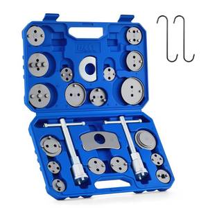 lot 1203 image: Orion Motor Tech 24pc Brake Caliper Compression Tool Set, Heavy Duty Brake Piston Compressor Tool and Wind Back Tool Kit for Brake Pad Replacement, Universal Disc Brake Caliper Tool Set with Blue Case - Retail $35