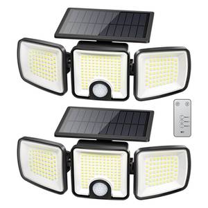 lot 1210 image: Brightown 2 Pack Solar Outdoor Lights, 2500LM 223 LED Solar Flood Outdoor Lights with Motion Sensor 3 Modes, 3 Head 270° Wide Angle Street Area IP65 Waterproof Security Wall Lights with Remote - Retail $40