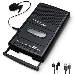 lot 1224 image: Cassette Player Recorder & Tape Converter,Recording to USBTape from Mic, Convert Tapes to WAV via USB Drive, Portable Tape Player with Collar Mic, Retractable Handle, 3.5MM Jack, REM Port-Black - Retail $36