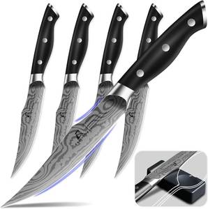 lot 1249 image: CoquusAid Steak Knives Set of 4, 4.8 Inch Fine-Edge Super Sharp Table Knives with Rest, Premium Germany Stainless Steel Ergonomic Handle, Elegant Black Ideal for Gift - Retail $33