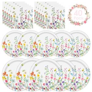 lot 13108 image: 40 Pcs Spring Wildflower Plates and Napkins Sets - Disposable Floral Paper Plates Napkins Dinnerware, Flowers Dessert Dinner Plate for Spring Summer Wedding Birthday Party Supplies Table Decorations - Retail $10
