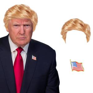 lot 13120 image: GenmeiFBH Funny Celebrity Presidential Candidate Political Donald Trump Wig Costume Wig Set,President Wig,Billionaire Wig,Mens Blonde Wig,Including A Flag Pin,Perfect for Halloween - Retail $15