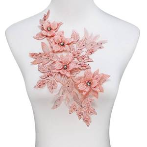 lot 13123 image: Silvora 3D Embroidered Flower Fabric Beaded Rhinestones Pearl Lace Applique, DIY Patches Accessory for Wedding Dresses Neckline Bodice Pants(Pink-Left) - Retail $10