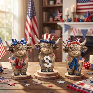 lot 13129 image: Bucherry 3 Pcs Patriotic USA Highland Cow Figurines 4th of July Independence Day Highland Cow Gnomes Statues 250th Anniversary Decor for Home Tiered Tray Table Farmhouse Rustic Calf Gifts - Retail $17