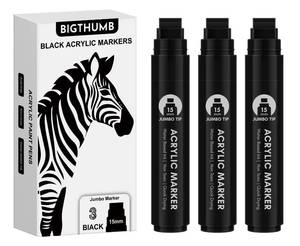 lot 13151 image: BIGTHUMB 3 Pcs Black Jumbo Permanent Markers 15mm Wide Tip Thick Acrylic Paint Pen Large Calligraphy Marker for Rock Painting, Poster, Sign, Canvas, Glass, Wood, Ceramic - Retail $10