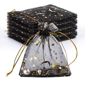 lot 13157 image: GoClimber 100 PCS 4.0x4.7 Inches Moon Star Printed Orchid Organza Bags, Black Moon and Stars Bag for Make up,Candy, Gifts, Party, Jewelry, Festival, Net Favor Drawstring goody Bags - Retail $8