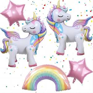 lot 13159 image: DUILE 5 Pcs Self Standing Unicorn Balloons - 3D Rainbow and Star Foil Balloons for Birthday Party Decorations and Supplies - Retail $13