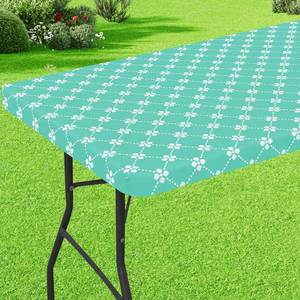 lot 13165 image: misaya Rectangle Vinyl Table Cloth, Elastic Fitted Tablecloth with Flannel Backing, Waterproof Plastic Table Cover Fits 6 Foot Folding Tables for Picnic, Camping, Indoor and Outdoor (Aqua, 30 x 72) - Retail $13