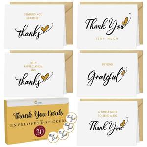 lot 13174 image: Only Zest Bulk Thank You Cards with Envelopes Set and Stickers - 30 Pack, 6 x 4 in Blank Simple Thank You Notes - Minimalist Box for Weddings, Baby Showers, Birthdays, Small Businesses - Retail $10
