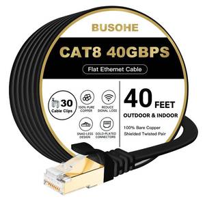 lot 13197 image: BUSOHE Cat 8 Ethernet Cable 40 FT, 40Gbps 2000MHz Cat8 High Speed Flat Internet Network Patch Cord, SFTP Shielded LAN Wire with Gold Plated RJ45 Connector, with Clips, Outdoor Indoor- 40FT Black - Retail $20