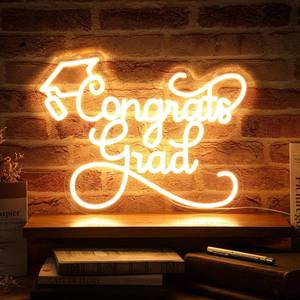 lot 13222 image: Retisee Congrats Grad Neon Sign LED Light Sign Warm White Congrats Grad Light up Background USB Powered Adjustable Brightness Wall Art Decor for Graduation Party School Class Backdrop Gifts - FADING IN TOP LEFT CORNER - Retail $31