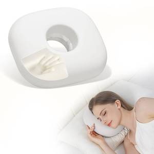 lot 13223 image: Swaycy Ear Piercing Pillow with Memory Foam for Side Sleepers with Ear Hole, O-Shaped Side Sleeping Pillow for CNH, Ear Pain, Inflammation & Pressure Sores Ear Guard Pillow, White - Retail $19
