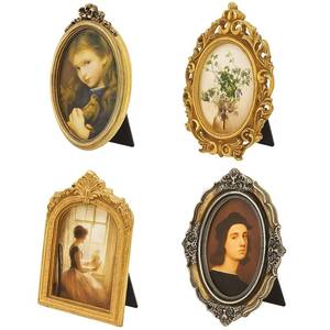 lot 13227 image: Novabright 4 Pack Vintage Gold Picture Frames Set 5 x 7 Inch Bronze Tabletop or Wall Mount Antique Resin Oval Rectangle Photo Frames Gifts for Gallery Bedroom Living Room Display Decoration - Retail $43