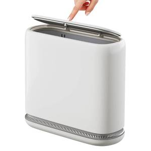 lot 15093 image: Purexa 2.3 Gallon Slim Trash Can with Lid, White, Space-Saving, Pet-Proof, Auto-Smooth Bag Fit, for Kitchen, Bathroom, Bedroom, Office - Retail $30