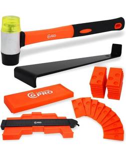 lot 15103 image: Carib Gear Pro Professional Laminate Flooring Tools Installation Kit with Tapping Block, Rubber Mallet, 44 pcs Pull Bar, and 40 pcs Spacers for Vinyl Plank, LVP, and Hardwood Laminate Floor - Retail $39